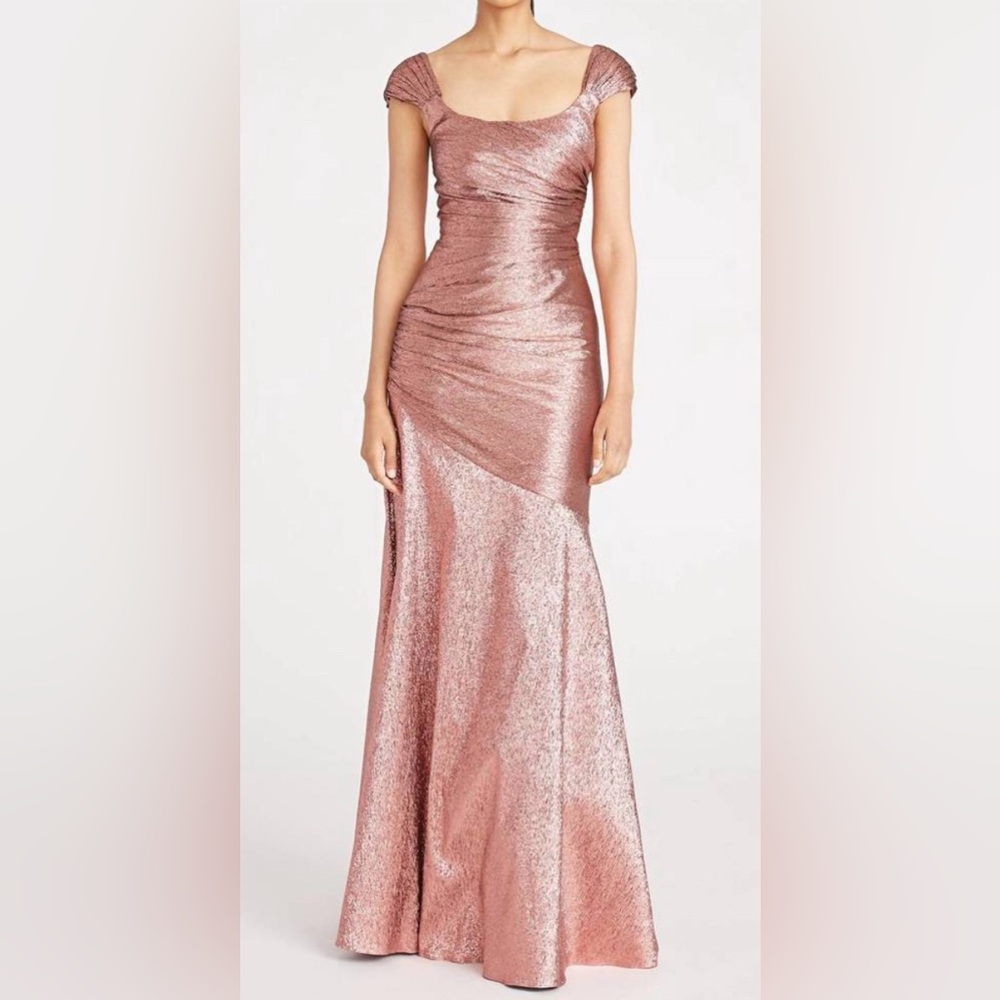 NWT THEIA Santana Scoop Neck Evening Gown in Metallic Rose‎ Pink - 4